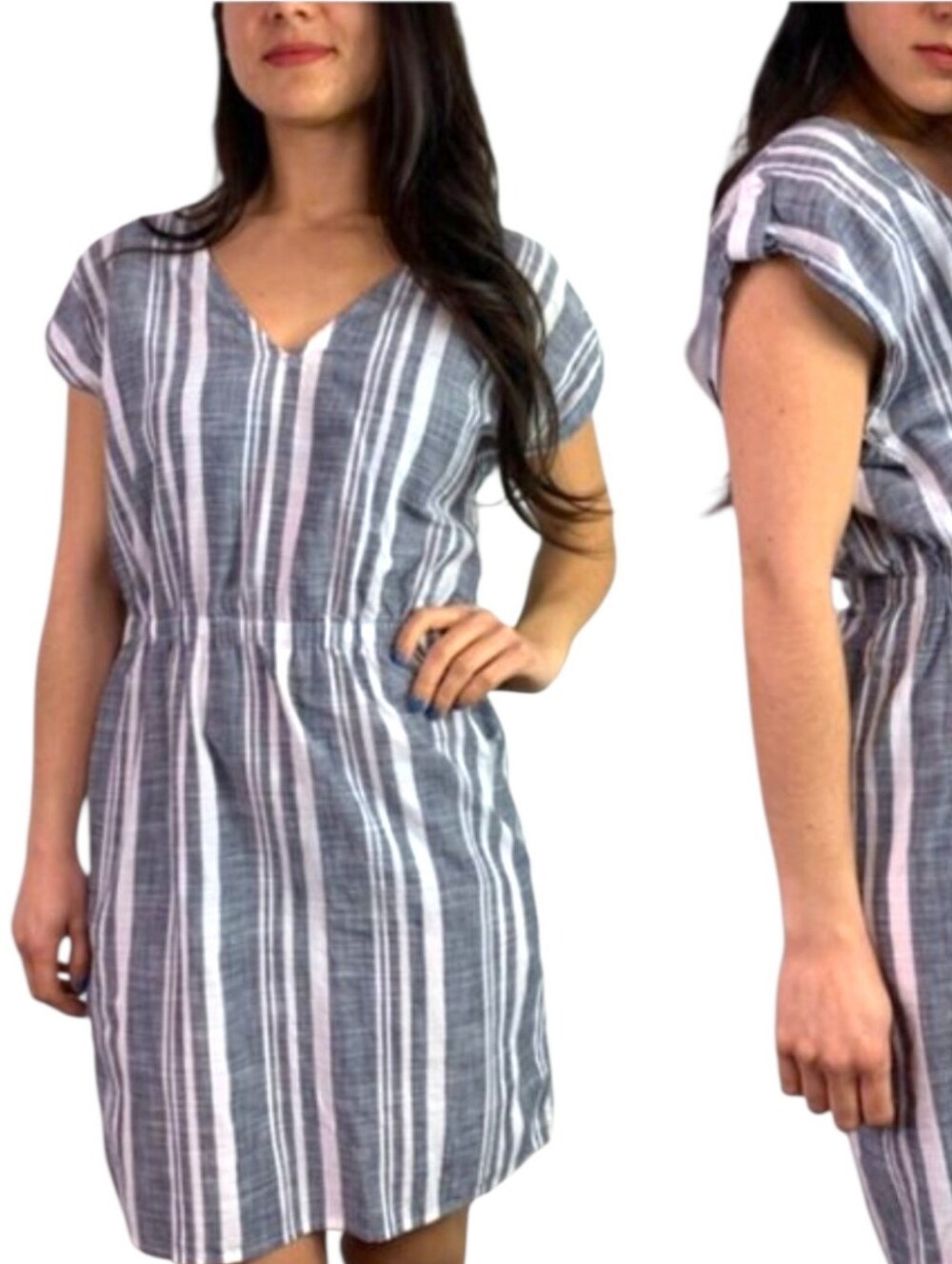 J. Crew Factory Gray/White Striped V-Neck Popover Mini Dress Cap Sleeves Sz XXS